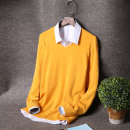 2015秋韩版套头男式毛衣V领青少年学生纯色薄长袖修身针织衫外套
