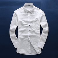 秋季新款小立领亚麻男士长袖衬衫韩版修身棉麻料白色男装衬衣潮