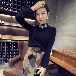 2015冬装新款韩版宽松显瘦半高领口钉珠短款套头毛衣针织上衣女
