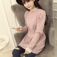 2015秋冬新款韩版蕾丝花边领口袋毛衣女套头中长款加厚针织衫外套