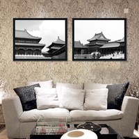 老北京四合院黑白装饰画 建筑风景摄影怀旧墙壁挂画酒吧推荐有框