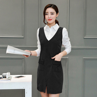 2016秋装新款女装韩版时尚假两件衬衫中长款竖条纹气质OL连衣裙潮