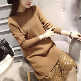 2015秋冬新款韩版中长款宽松显瘦长袖袖修身套头针织衫毛衣女