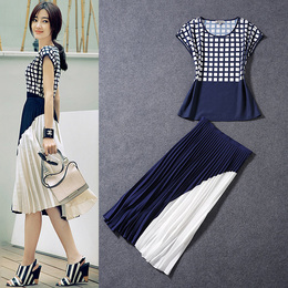 2015夏季新款女装明星王丽坤同款格子短袖上衣拼色百褶半裙套装
