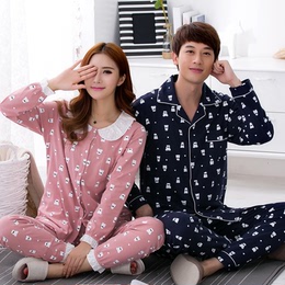 两套价春秋季情侣睡衣长袖纯棉质韩版男士卡通可爱女人家居服套装