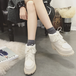栢佳斯2015冬季新款 韩版厚底粗跟短靴棉靴系带马丁靴厚底女靴潮