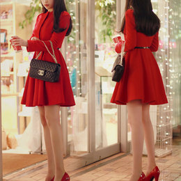 大红色中国裙摆式毛呢大衣女中长款收腰修身显瘦甜美公主外套冬季