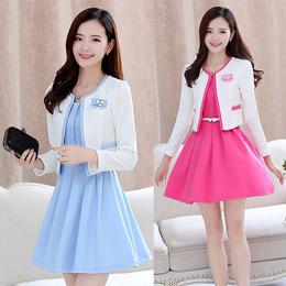 2015秋装韩版时尚套装女士新款无袖背心裙长袖短外套两件套连衣裙