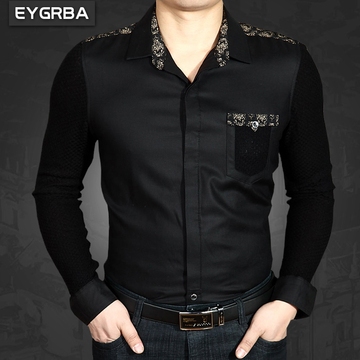 爱格堡男士衬衫2015秋冬新款商务休闲男长袖黑色加绒免烫衬衣