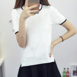 夏季韩版新款宽松螺旋圆领上衣短袖打底t恤女高腰短款显瘦针织衫