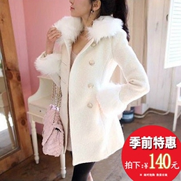 16秋冬女装新款时尚韩版中长款白色毛呢外套昵子大衣毛领修身显瘦