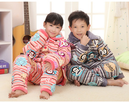 冬季儿童中大童男童睡衣三层夹棉加厚睡衣套装男孩珊瑚绒家居服