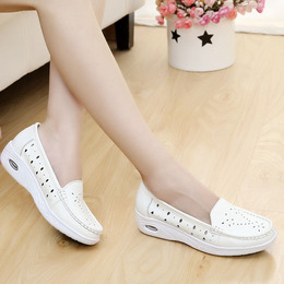 夏季女鞋白色休闲鞋豆豆鞋真皮平跟皮鞋镂空透气女鞋潮流韩版女鞋