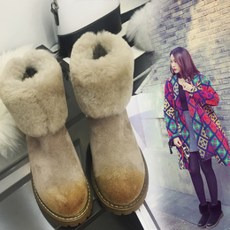 2015冬季新款皮毛一体雪地靴女平跟英伦马丁短靴女潮加厚保暖棉鞋