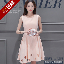 布吉岛2016夏季韩版新款女装修身收腰粉色连衣裙女中长款裙子