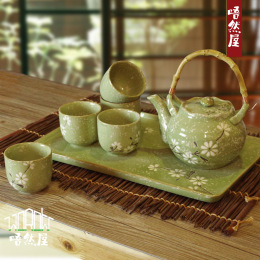 日式韩式手工彩绘陶瓷茶具套装 绿色梨花茶具 时尚陶瓷结婚礼物