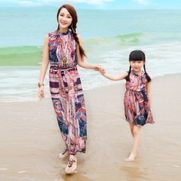 亲子装2015夏季母女装连衣裙海边度假沙滩裙女童雪纺波西米亚长裙