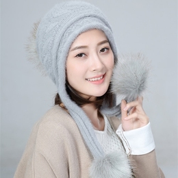 2016冬季加绒护耳帽子女士韩版潮保暖女帽可爱逛街兔毛球针织帽