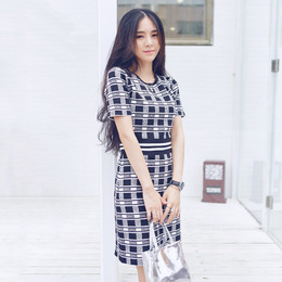 2015韩国东大门女装秋冬装新款格子短袖修身丝光棉针织连衣裙