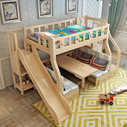 多功能儿童梯柜高低床实木子母床上下铺带护栏书桌抽屉滑梯双层床
