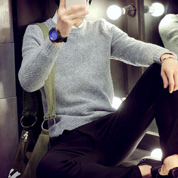 韩版修身男士圆领套头青少年针织衫打底衫纯色百搭男装毛衣毛线衫