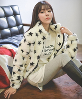2015冬季新款韩版兔毛提花短款外套 开衫保暖时尚女士立领外套女