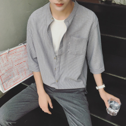 夏季韩版潮流条纹男士小衬衫七分袖休闲衬衣立领中袖寸衫男潮t恤