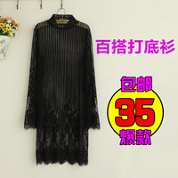 蕾丝衫长袖2015秋冬季韩版大码女装高领上衣网纱蕾丝打底衫中长款