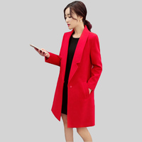 呢子大衣女中长款2016秋冬季新款韩版红色长袖一粒扣修身毛呢外套