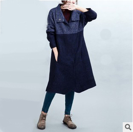2015秋冬新款高端文艺女式宽松拼接羊毛呢大衣修身中长款外套