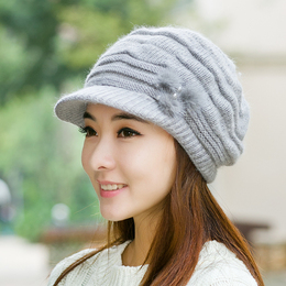 冬季韩版帽子女双层加绒毛线兔毛帽三毛球兔毛护耳帽保暖鸭舌帽