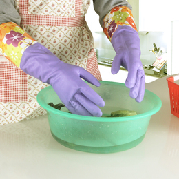 花蓝色 家务手套绒里加厚加长保暖加棉乳胶手套厨房洗碗洗衣手套
