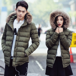 2015情侣装冬季新品爆款中长款真毛领时尚棉大韩版修身显瘦小外套