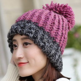 毛线帽女士秋冬新款时尚个性保暖帽甜美可爱球球双色休闲百搭帽子