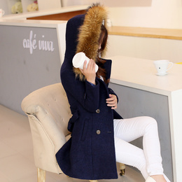 2015冬季新款女装韩版修身A字斗篷呢大衣中长款大毛领毛呢外套潮