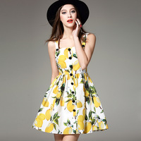 夏季新品女装中长款裙大摆型高腰修身柠檬印花吊带背心连衣裙中裙
