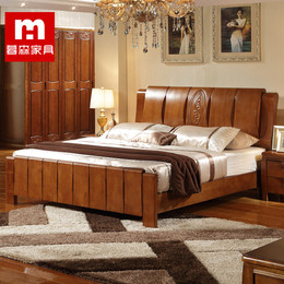 实木床 全实木双人床 现代中式高箱储物床 1.8米橡木床