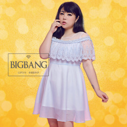 bigbang2015夏装加大码女装胖mm韩版蕾丝拼接显瘦欧根纱连衣裙