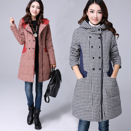 2015冬装新款韩版女装加厚格子中长款保暖大码棉衣棉服棉袄女外套