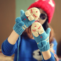 手工针织毛线手套女冬韩版可爱挂脖连指学生手套加绒卡通圣诞礼物