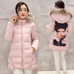 人头印花时尚棉服2015冬装新款韩版女修身中长款大毛领连帽外套潮