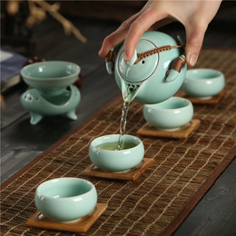 陶瓷套装茶杯茶盘功夫整套茶海青瓷竹制哥窑小茶青花6人花茶茶具