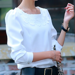 秋装2016新款韩版花朵雪纺衫气质圆领修身显瘦女装上衣长袖打底衫