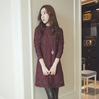 冬装新款韩版修身加绒加厚长袖蕾丝连衣裙显瘦大码中长款打底裙