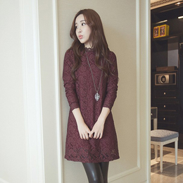 冬装新款韩版修身加绒加厚长袖蕾丝连衣裙显瘦大码中长款打底裙