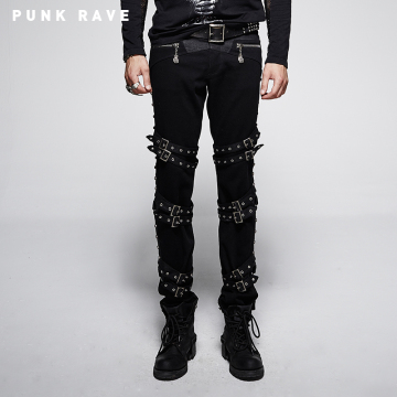 ╋魔叹╋ PUNK RAVE 摇滚ROCK重金属朋克窝孔钢扣带直筒长裤 K206