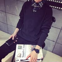 韩版毛衣男假两件衬衫v领加肥加大码宽松青少年套头学生针织衫潮
