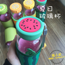 带盖玻璃杯 创意便携水果汁随手杯 带套运动水壶柠檬西瓜水瓶