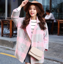 实拍2015冬季新款韩版中长款加厚双排扣格纹羊毛呢大衣外套女