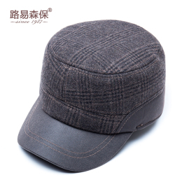 冬季男士格子平顶帽 皮质带护耳设计中年帽子爸爸帽子 冬季加厚帽